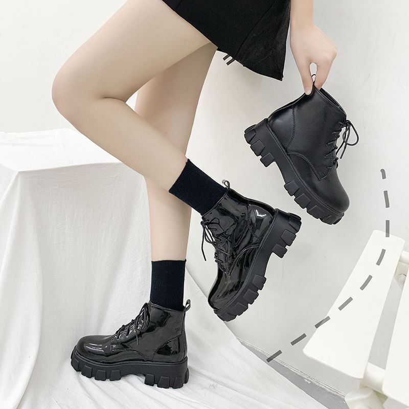 Chunky Boots Platform Heel Short Lace-Up