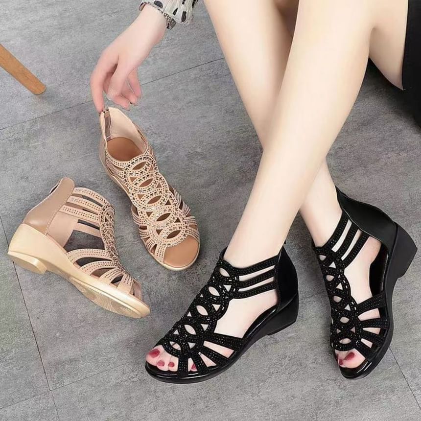Rhinestone Heel Wedge Sandals Roman