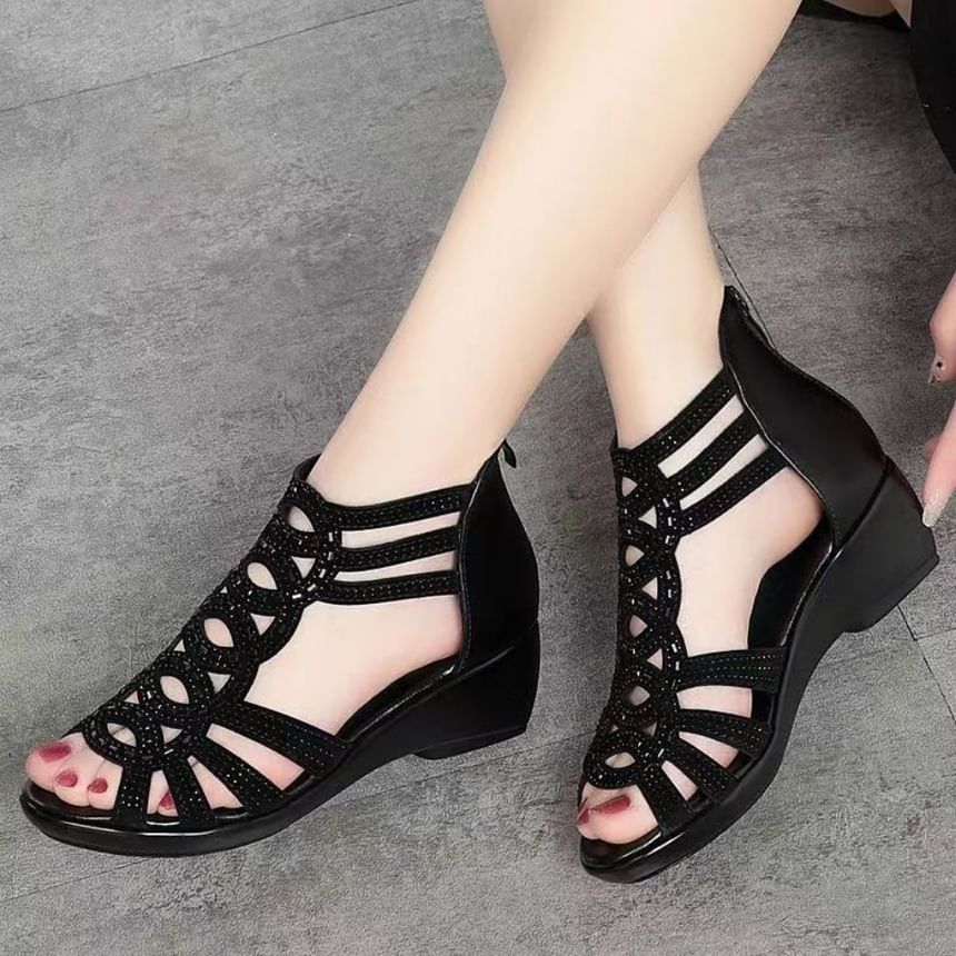 Rhinestone Heel Wedge Sandals Roman