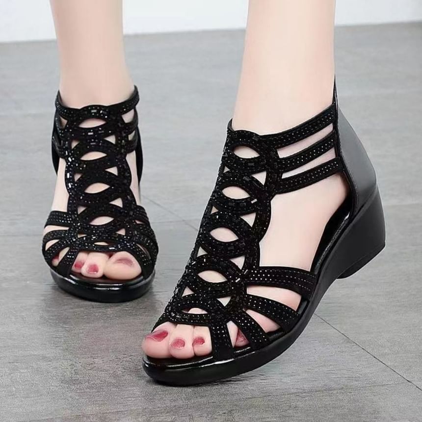 Rhinestone Heel Wedge Sandals Roman