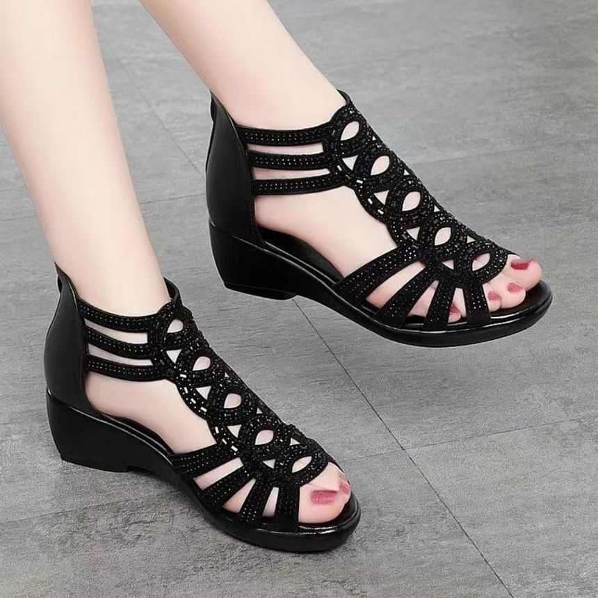 Rhinestone Heel Wedge Sandals Roman