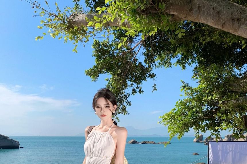 Dress Embroidered A-Line Neck Halter Midi