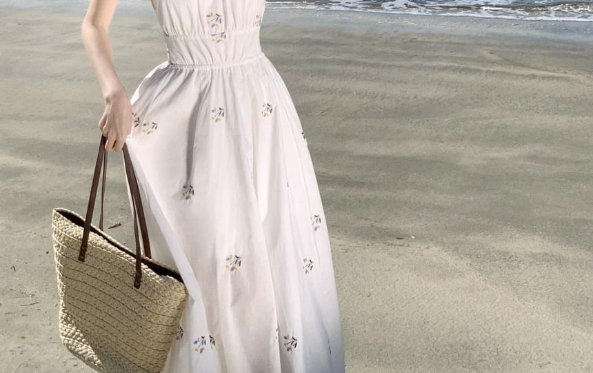 Dress Embroidered A-Line Neck Halter Midi