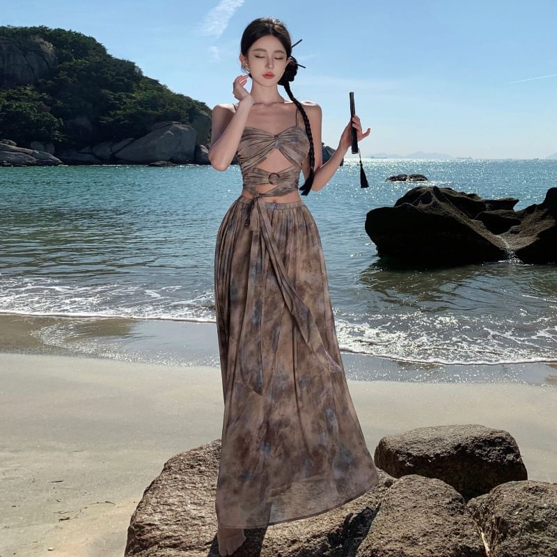 Camisole + Dye Maxi Waist Set: Top A-Line Crop High Skirt Tie