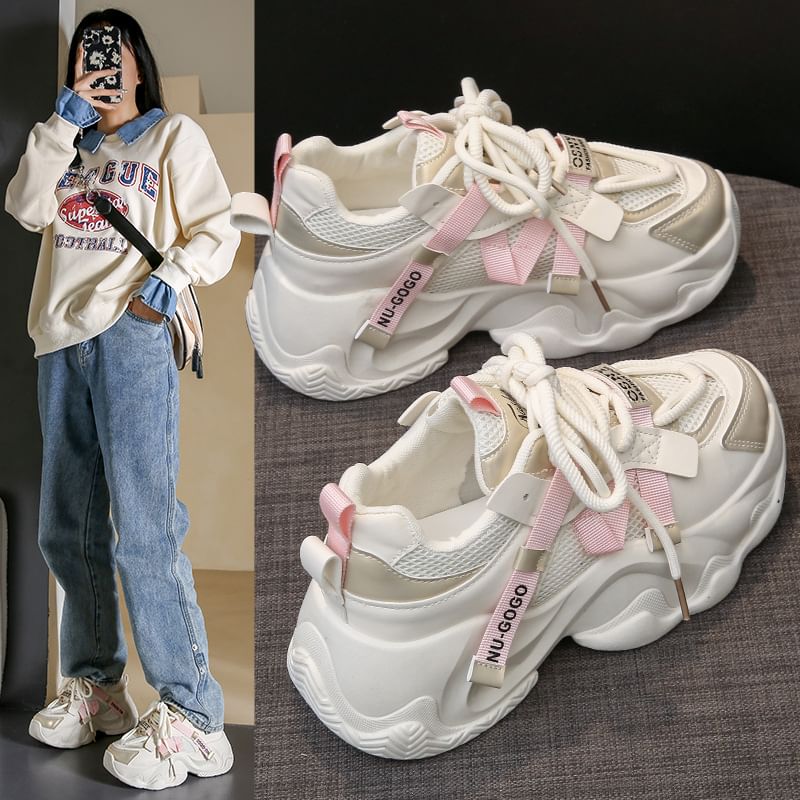 Platform Panel Lace-Up Mesh Sneakers