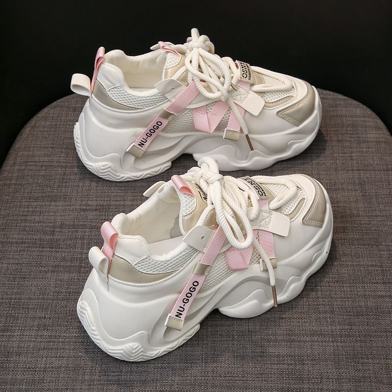Platform Panel Lace-Up Mesh Sneakers