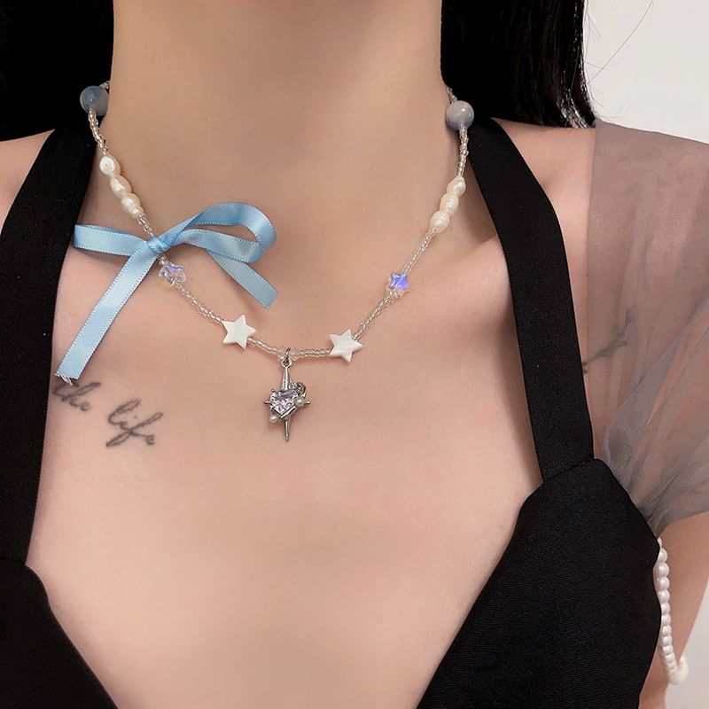 Pendant Necklace Rhinestone Ribbon