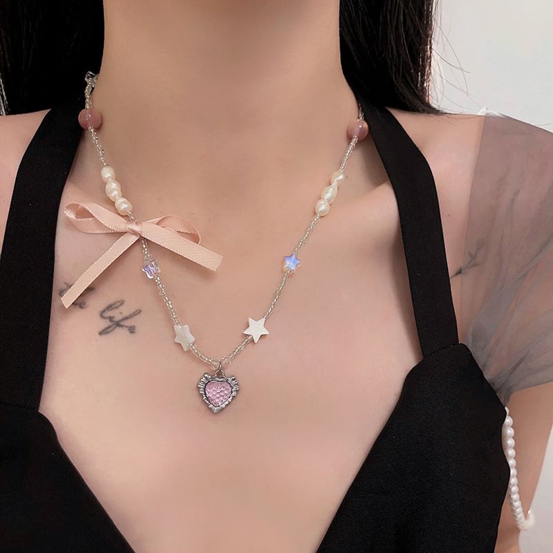 Pendant Necklace Rhinestone Ribbon