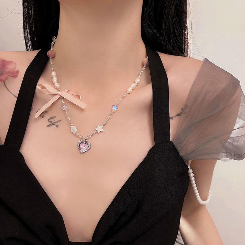 Pendant Necklace Rhinestone Ribbon