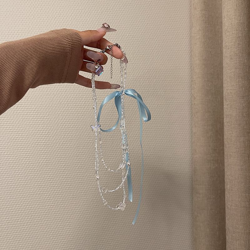 Necklace Bead Ribbon Layered Butterfly