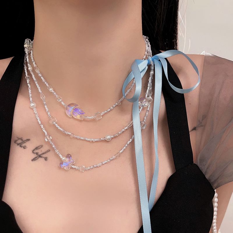 Necklace Bead Ribbon Layered Butterfly