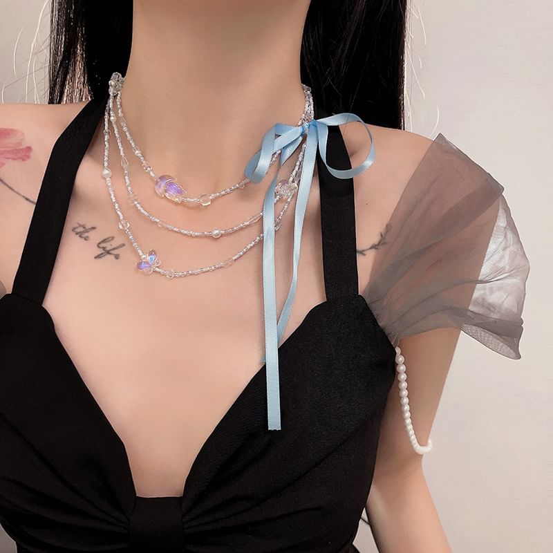 Necklace Bead Ribbon Layered Butterfly