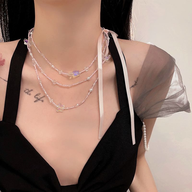 Necklace Bead Ribbon Layered Butterfly