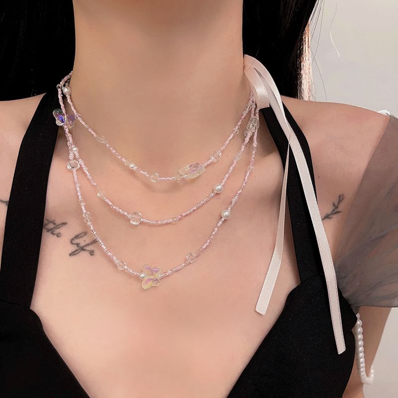 Necklace Bead Ribbon Layered Butterfly