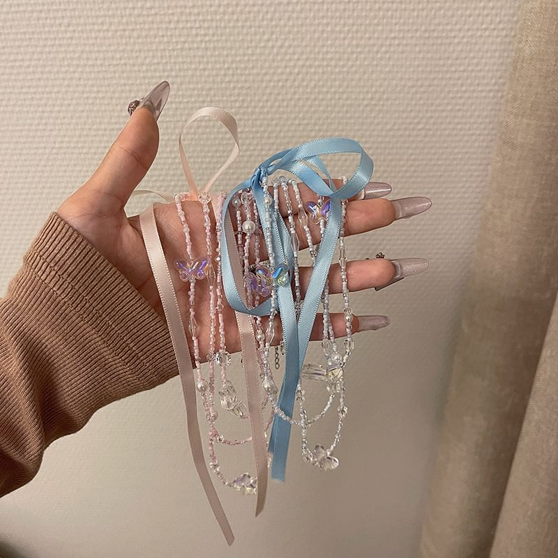 Necklace Bead Ribbon Layered Butterfly