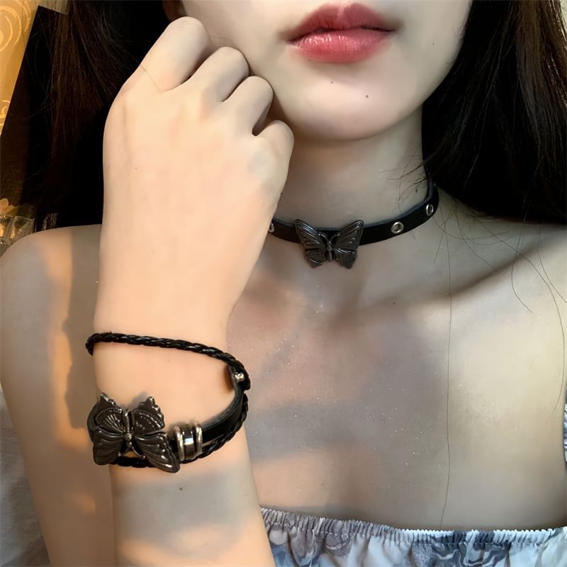 / Butterfly Bracelet Faux Leather Choker