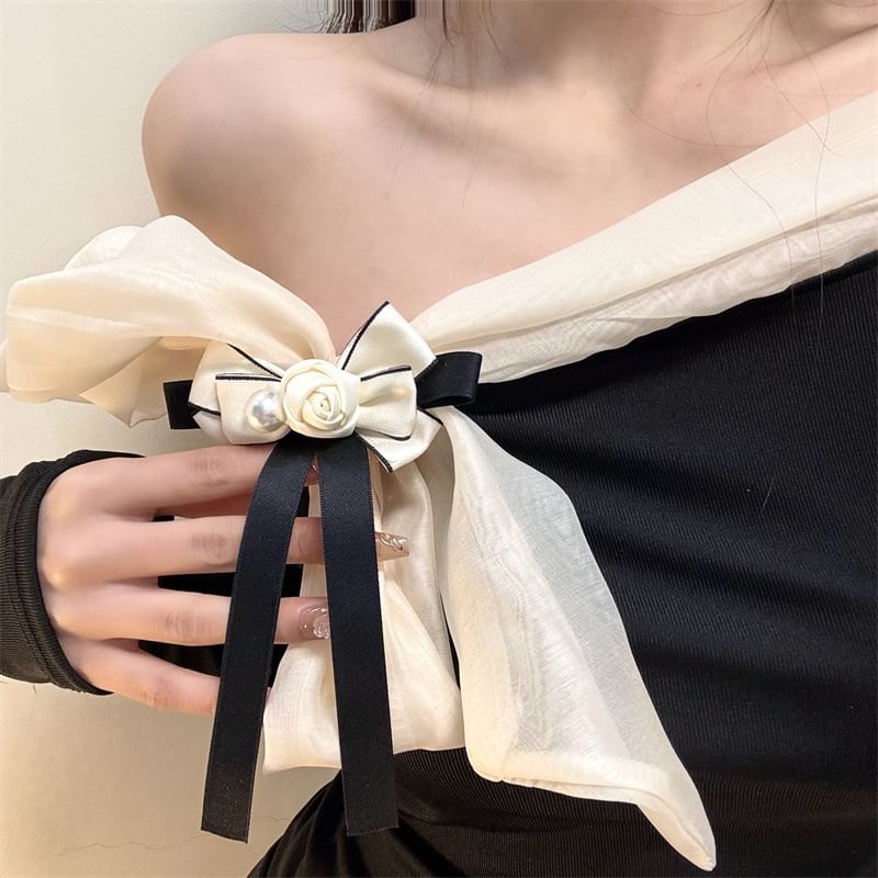 Faux Rose Bow Pearl Brooch