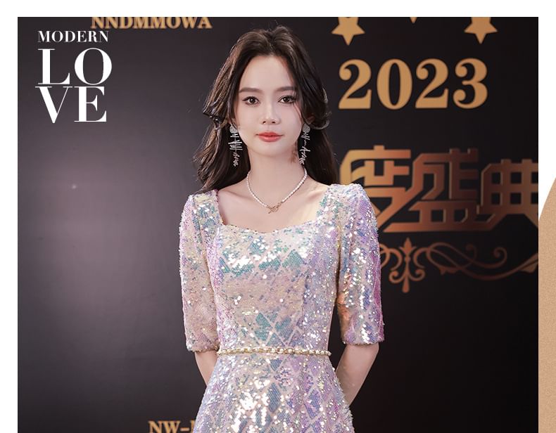 Neck Elbow-Sleeve Scoop Dress Maxi Iridescent A-Line