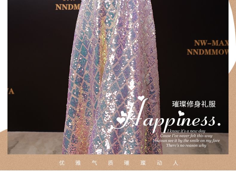 Neck Elbow-Sleeve Scoop Dress Maxi Iridescent A-Line