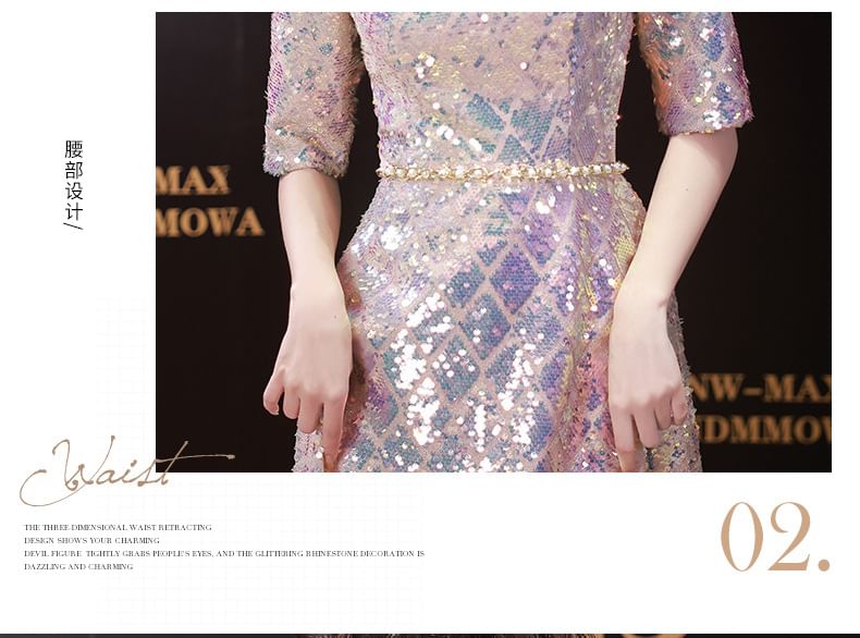 Neck Elbow-Sleeve Scoop Dress Maxi Iridescent A-Line