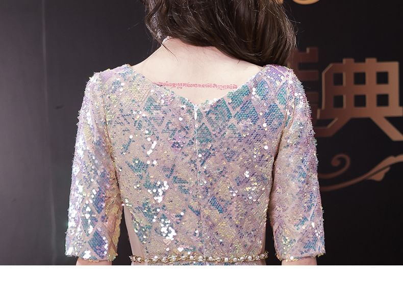 Neck Elbow-Sleeve Scoop Dress Maxi Iridescent A-Line