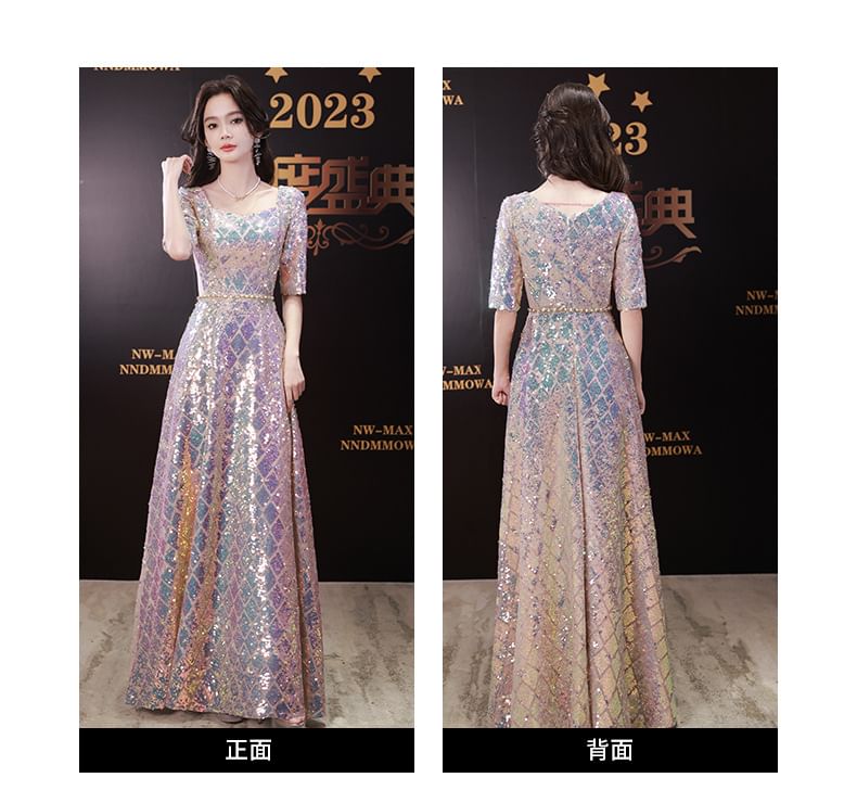 Neck Elbow-Sleeve Scoop Dress Maxi Iridescent A-Line