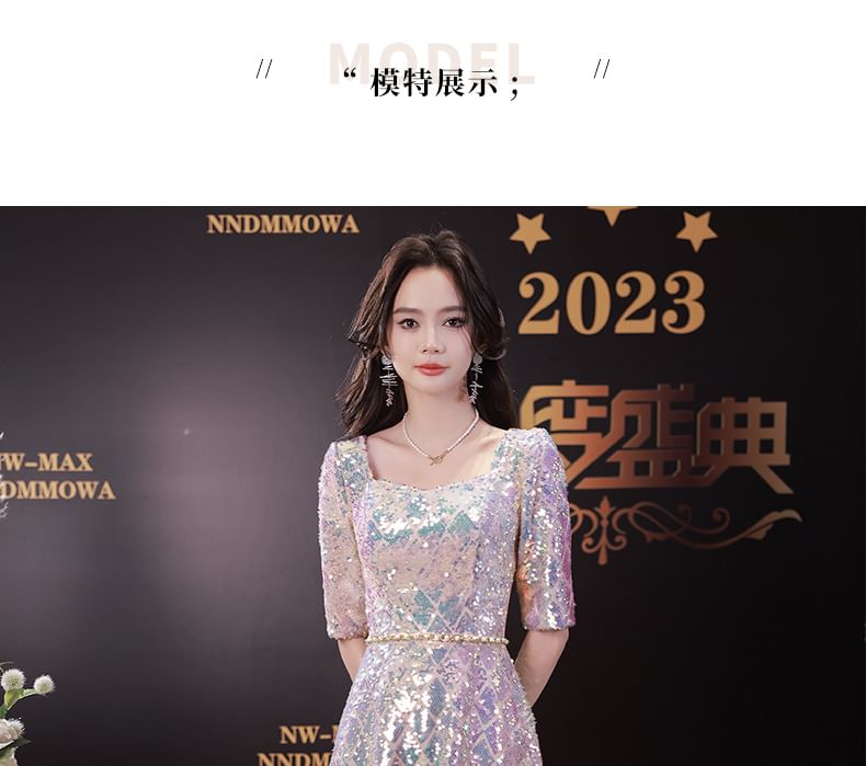 Neck Elbow-Sleeve Scoop Dress Maxi Iridescent A-Line