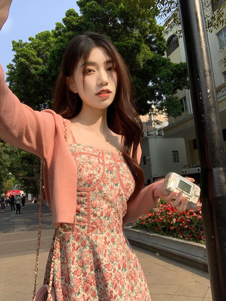Dress Floral Strap Open Plain Print Spaghetti Front Cardigan Square / Mini Crop A-Line Neck