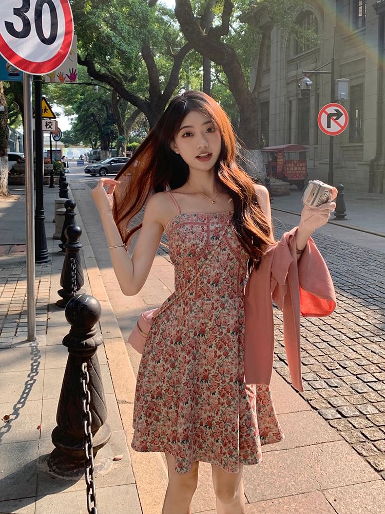 Dress Floral Strap Open Plain Print Spaghetti Front Cardigan Square / Mini Crop A-Line Neck