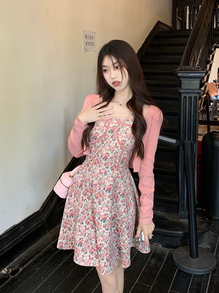 Dress Floral Strap Open Plain Print Spaghetti Front Cardigan Square / Mini Crop A-Line Neck