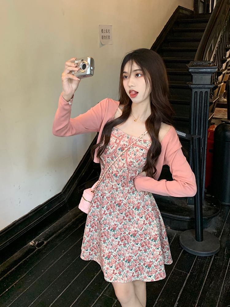 Dress Floral Strap Open Plain Print Spaghetti Front Cardigan Square / Mini Crop A-Line Neck