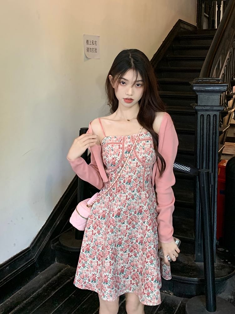 Dress Floral Strap Open Plain Print Spaghetti Front Cardigan Square / Mini Crop A-Line Neck