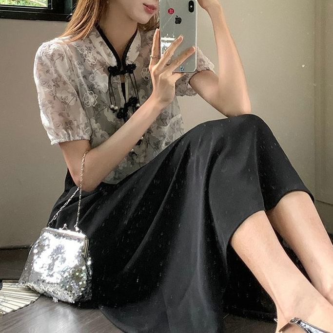 Midi Floral Spaghetti A-Line Strap + Dress Short-Sleeve Blouse Set: Plain