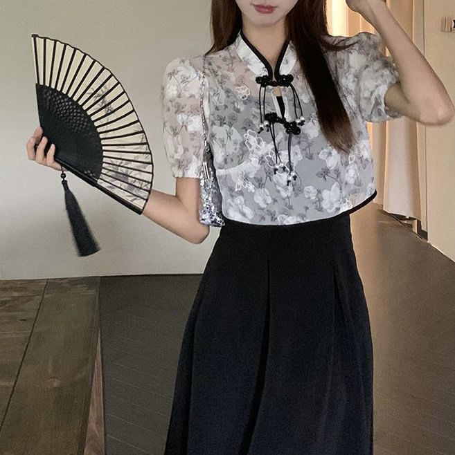 Midi Floral Spaghetti A-Line Strap + Dress Short-Sleeve Blouse Set: Plain