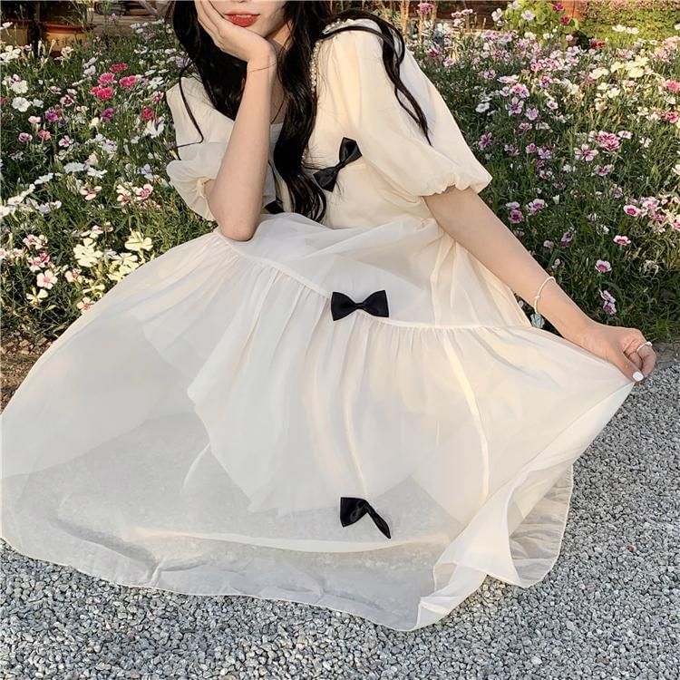 Plain Sundress Puff-Sleeve Bow Neck Square Midi