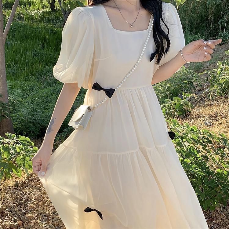Plain Sundress Puff-Sleeve Bow Neck Square Midi