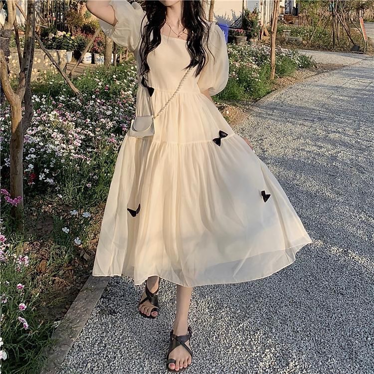 Plain Sundress Puff-Sleeve Bow Neck Square Midi