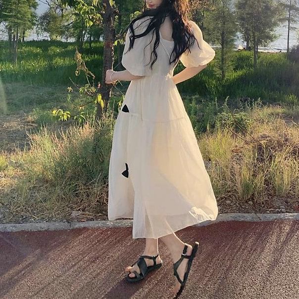 Plain Sundress Puff-Sleeve Bow Neck Square Midi