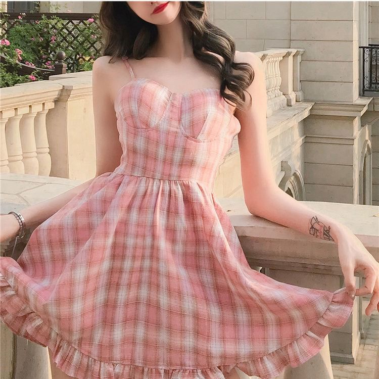 Mini Plaid Strap A-Line Ruffle Spaghetti Dress