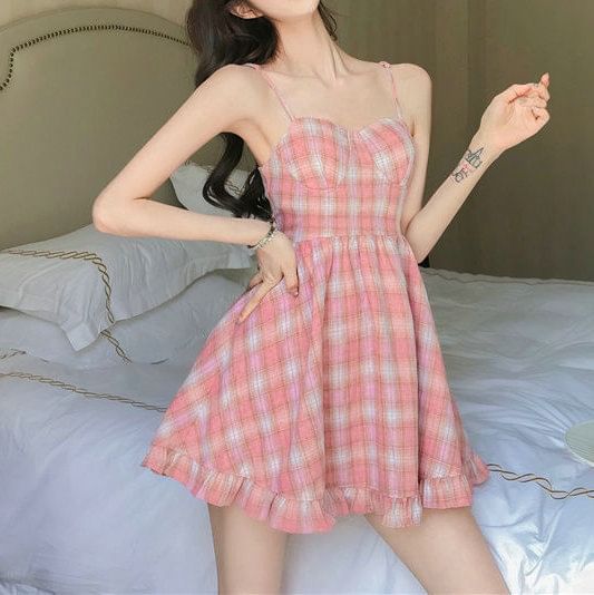 Mini Plaid Strap A-Line Ruffle Spaghetti Dress