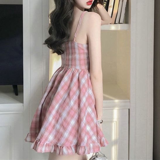 Mini Plaid Strap A-Line Ruffle Spaghetti Dress