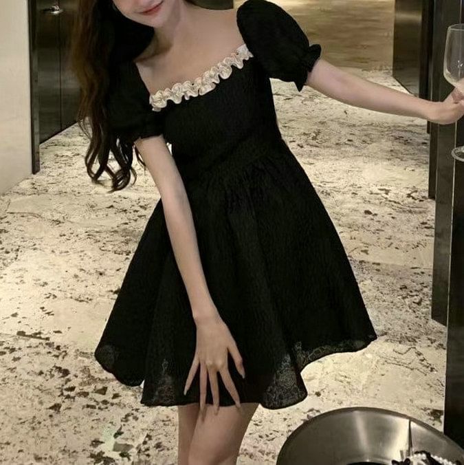 A-Line Plain Ruffle Mini Neck Puff-Sleeve Square Dress