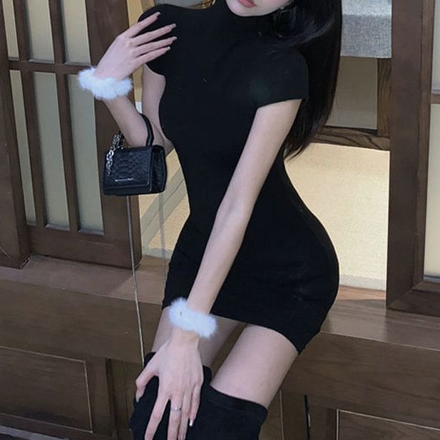 Plain Turtleneck Mini Sheath Dress Short-Sleeve