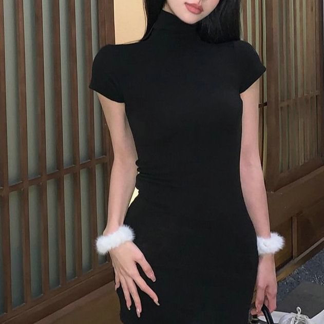 Plain Turtleneck Mini Sheath Dress Short-Sleeve