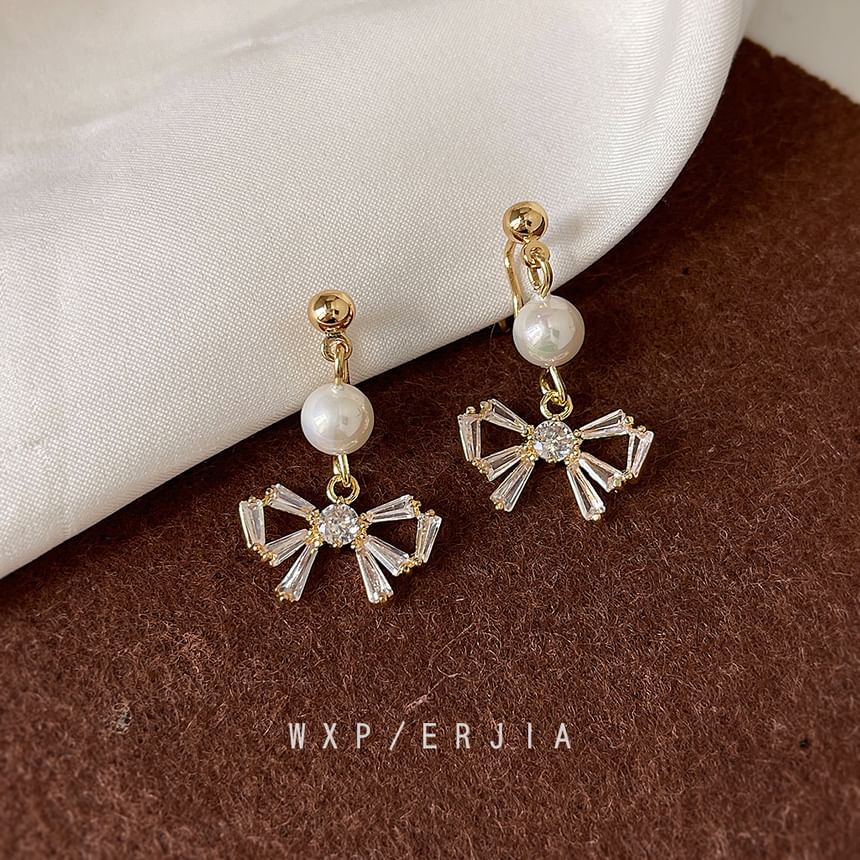 Drop Faux Bow Rhinestone Alloy Pearl Earring