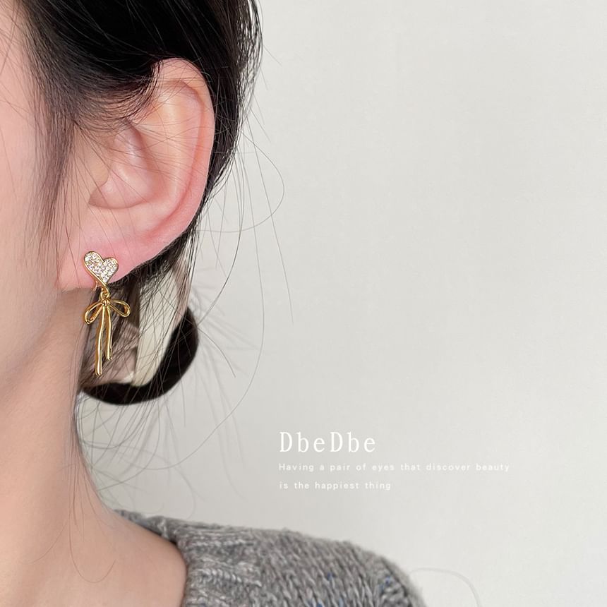 Shell Bow Heart Rhinestone Asymmetrical Earring Drop Alloy