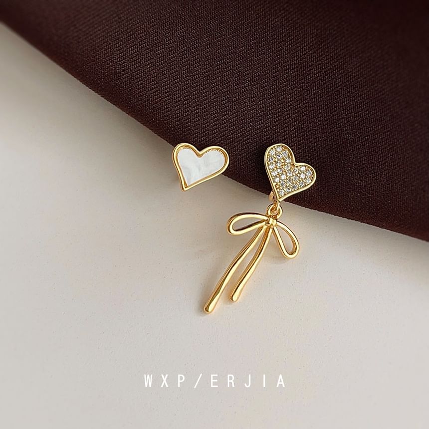 Shell Bow Heart Rhinestone Asymmetrical Earring Drop Alloy