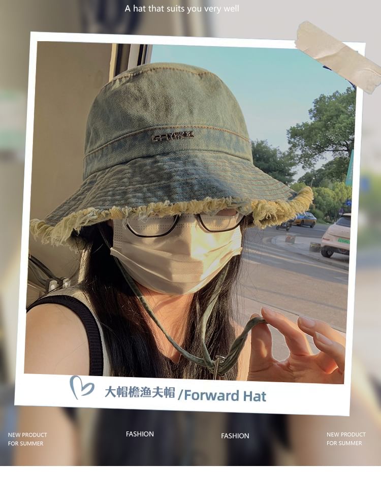 Lettering Bucket Denim Fringed Hat