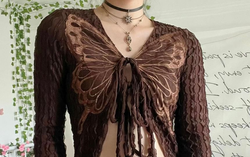 Print V-Neck Top Crop Long-Sleeve Butterfly Front Ribbon