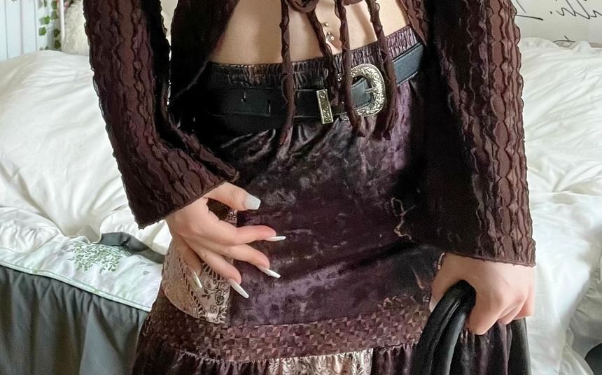 Print V-Neck Top Crop Long-Sleeve Butterfly Front Ribbon